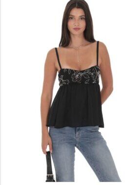 Lucy in the Sky Beaded Babydoll Top in Black Size Small